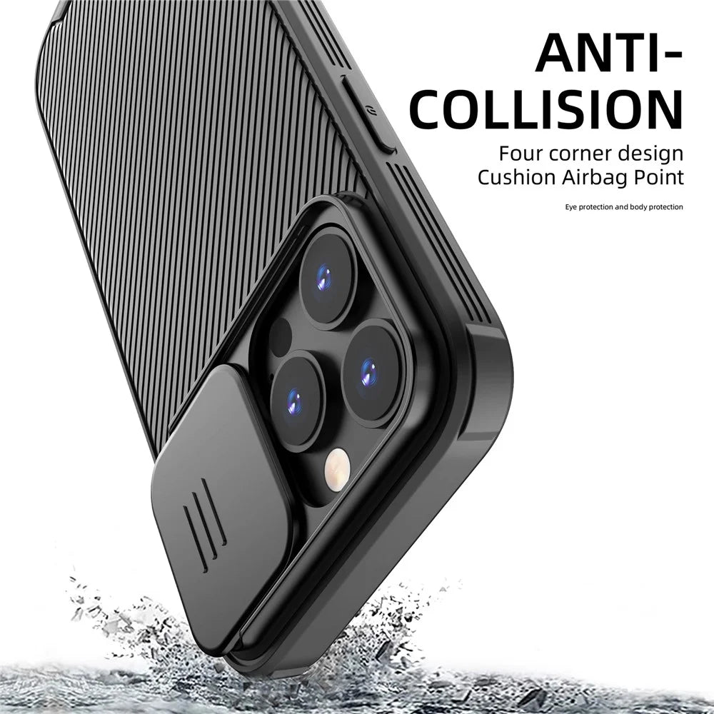 For iPhone 15 Pro Case Compatible with MagSafe PC+TPU Phone Cover Slide Camera Lid - Black - 6