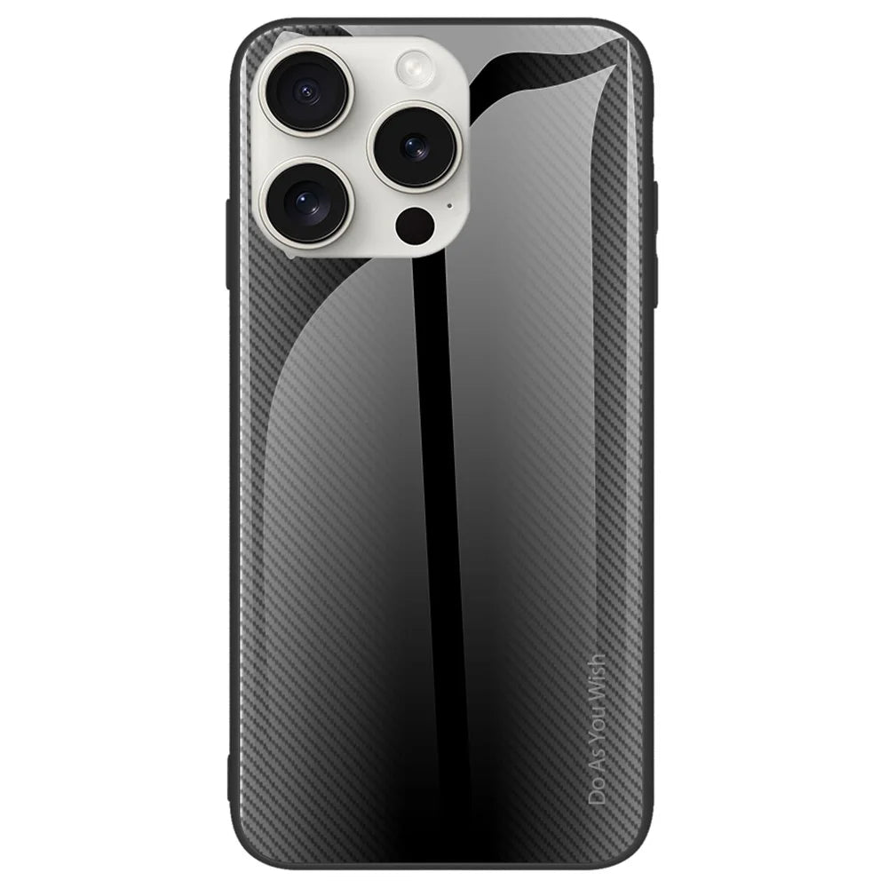 For iPhone 16 Pro Case Tempered Glass+TPU Phone Cover Carbon Fiber Texture - Black - 1