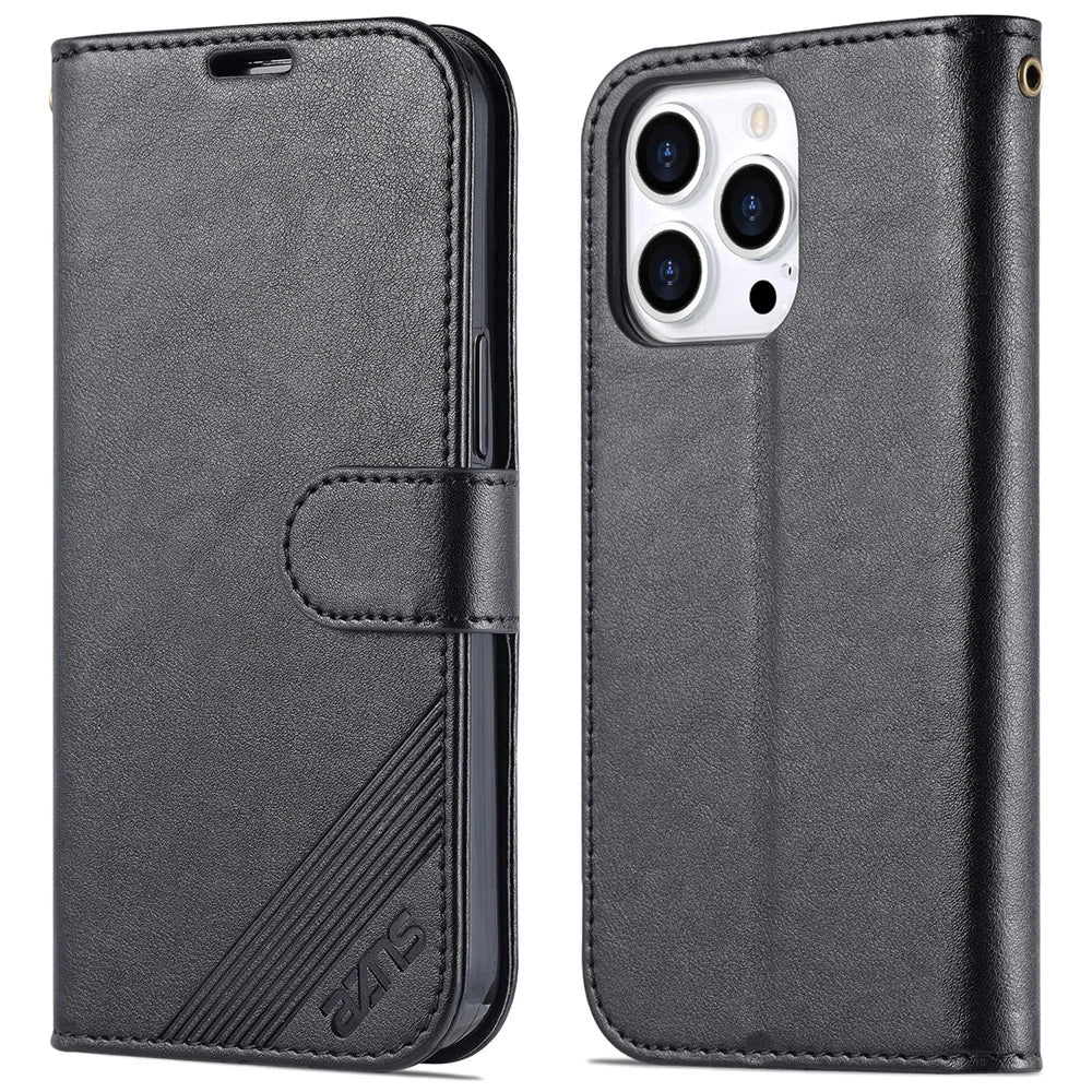 AZNS For iPhone 16 Pro Stand Case Anti-Drop PU Leather Wallet Phone Cover - Black - 1