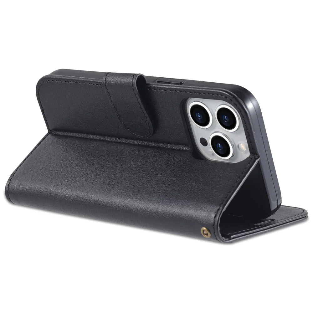 AZNS For iPhone 16 Pro Stand Case Anti-Drop PU Leather Wallet Phone Cover - Black - 4