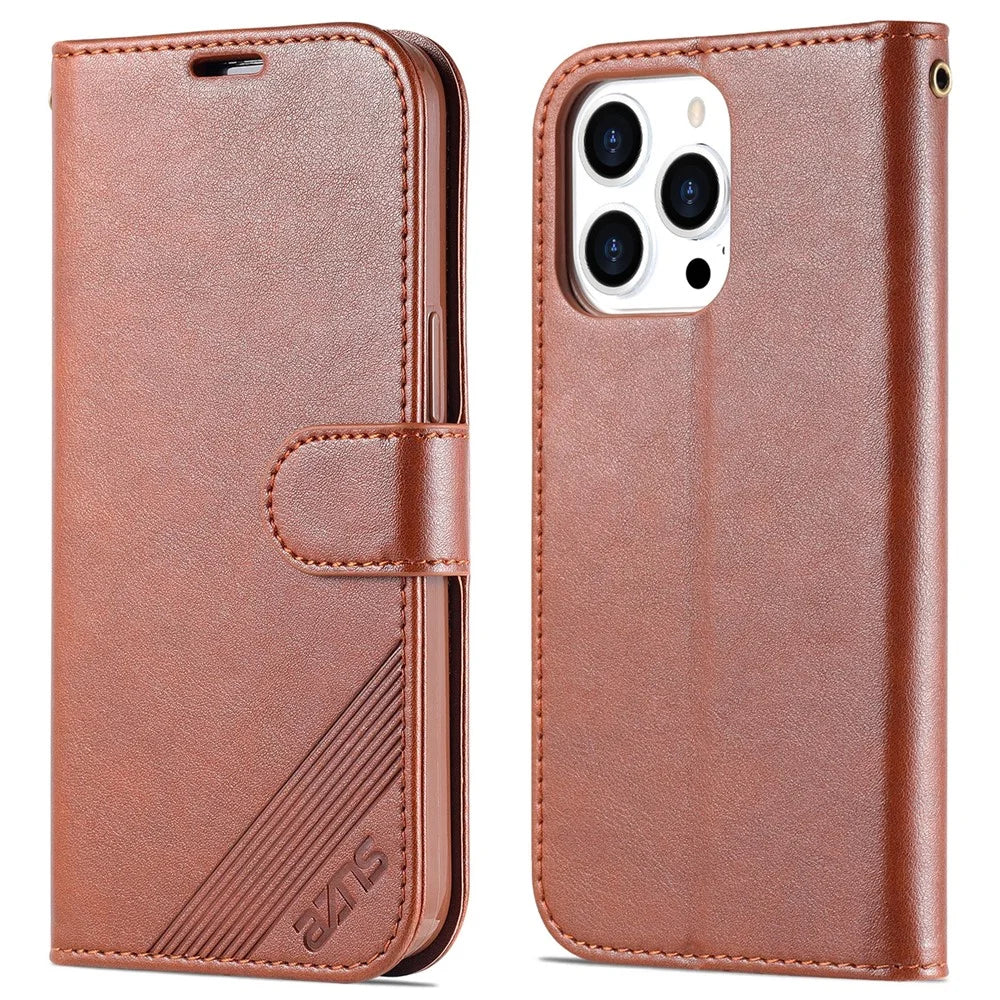 AZNS For iPhone 16 Pro Max Wallet Phone Case Anti-Scratch PU Leather Stand Cover - Brown - 1