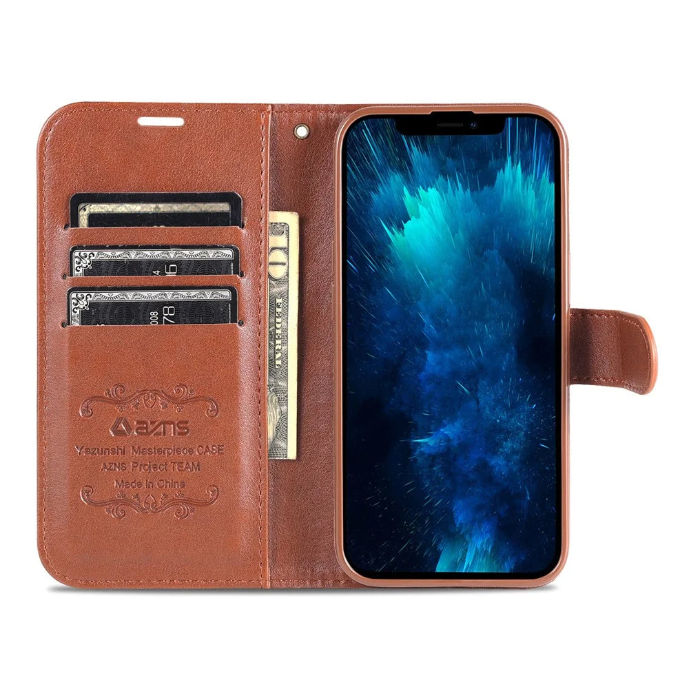 AZNS For iPhone 16 Pro Max Wallet Phone Case Anti-Scratch PU Leather Stand Cover - Brown - 2