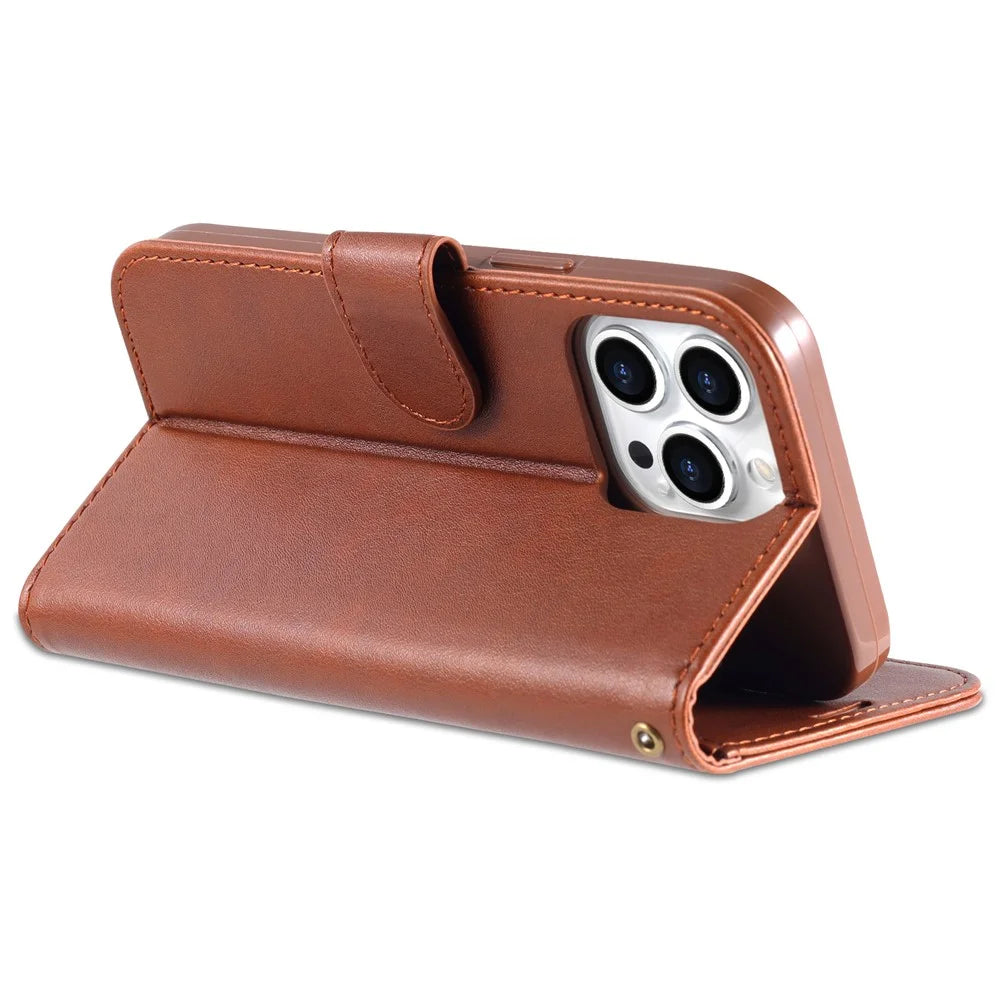 AZNS For iPhone 16 Pro Max Wallet Phone Case Anti-Scratch PU Leather Stand Cover - Brown - 4