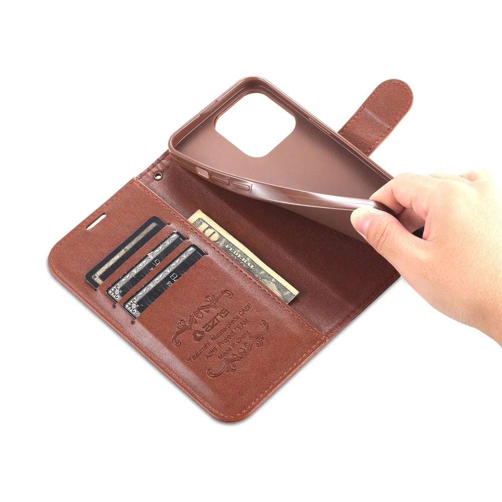 AZNS For iPhone 16 Pro Max Wallet Phone Case Anti-Scratch PU Leather Stand Cover - Brown - 5
