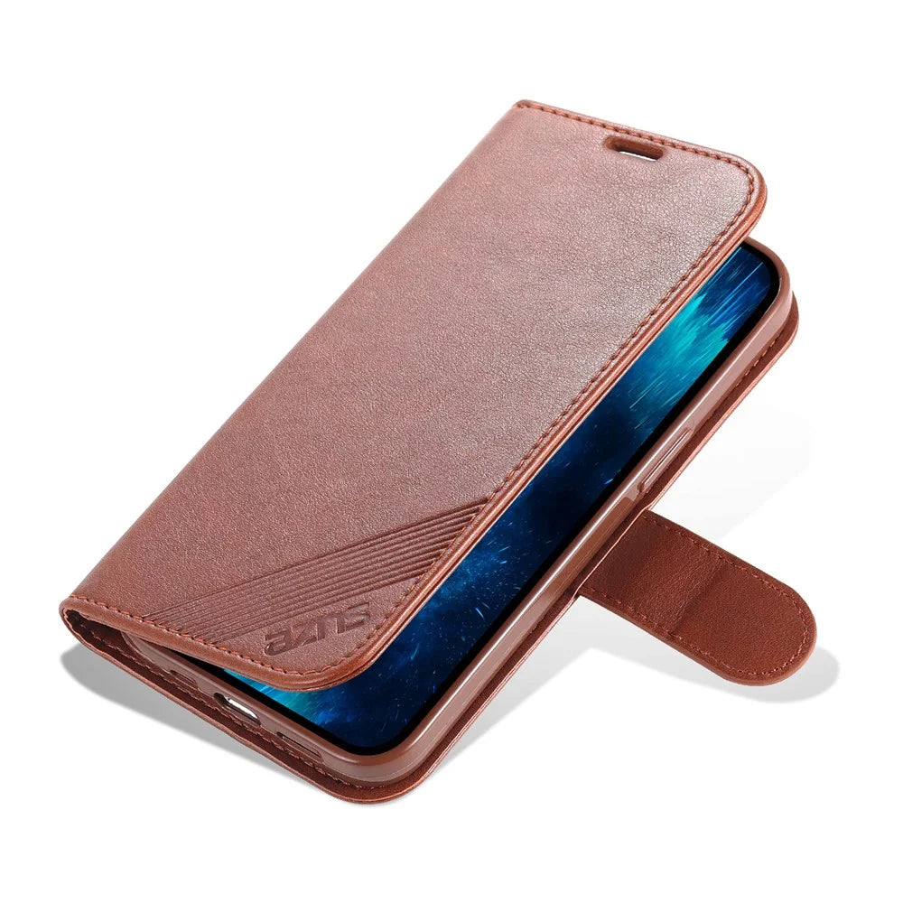AZNS For iPhone 16 Pro Max Wallet Phone Case Anti-Scratch PU Leather Stand Cover - Brown - 6