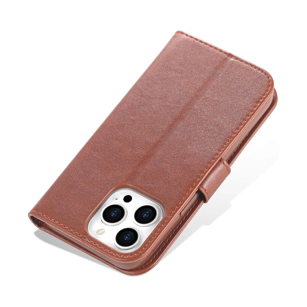 AZNS For iPhone 16 Pro Max Wallet Phone Case Anti-Scratch PU Leather Stand Cover - Brown - 7