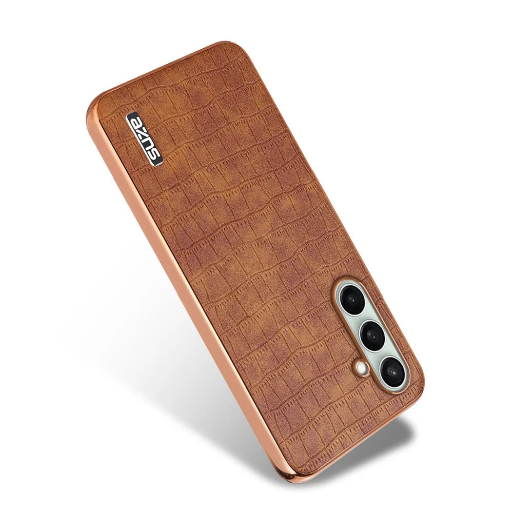 AZNS For Samsung Galaxy S24 FE Case Electroplating Crocodile Texture PU+TPU Phone Cover - Brown - 3
