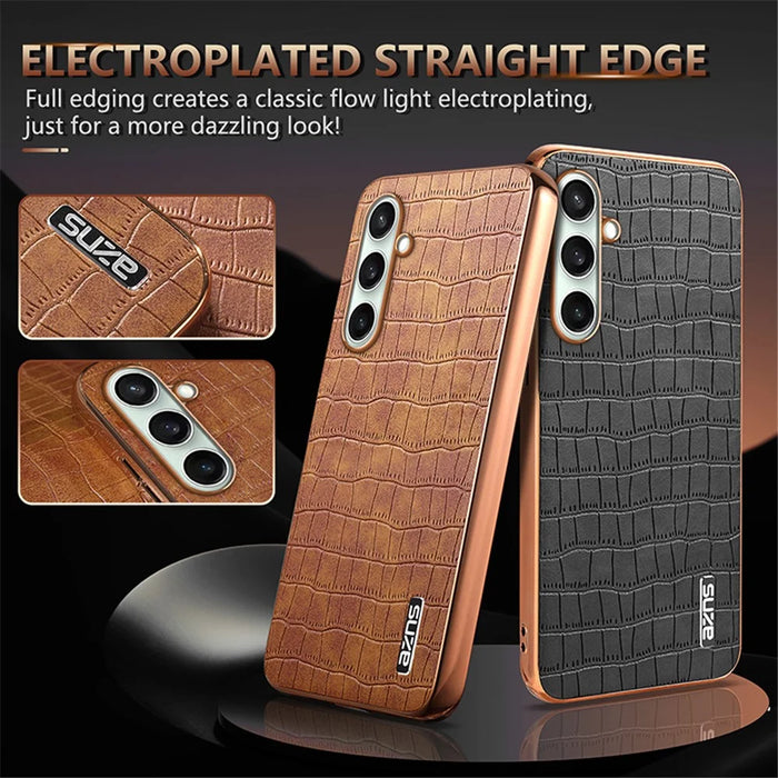 AZNS For Samsung Galaxy S24 FE Case Electroplating Crocodile Texture PU+TPU Phone Cover - Brown - 4