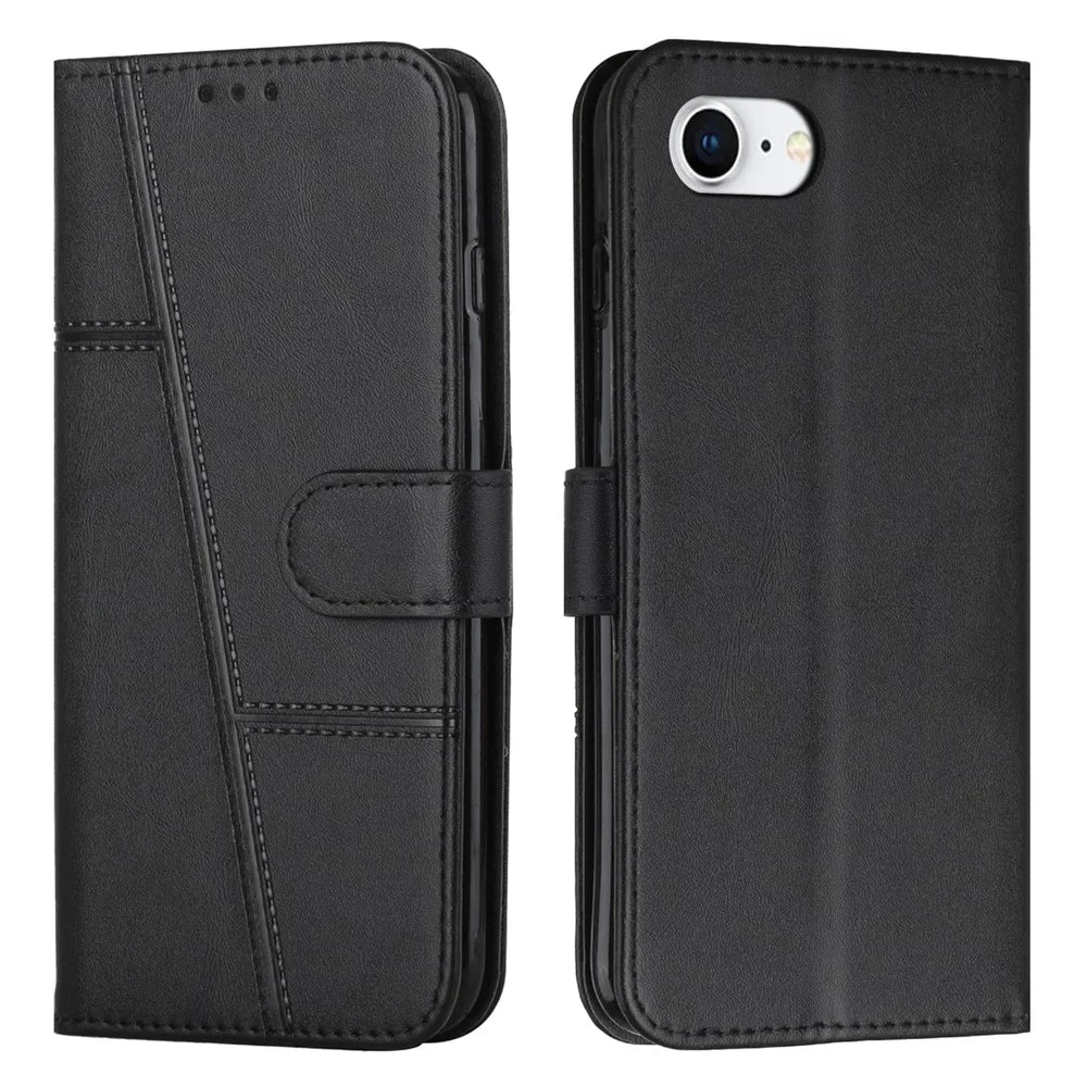 For iPhone 17e / 16e Case PU Leather Wallet Flip Phone Cover Calf Texture - Black - 1