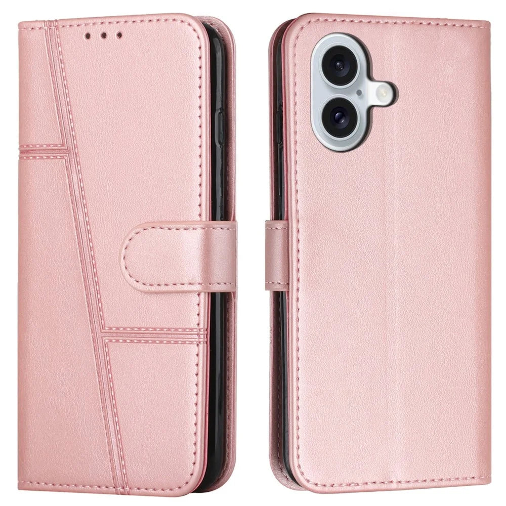 For iPhone 16 Case Stand Flip Protective Leather Phone Cover - Rose Gold - 1