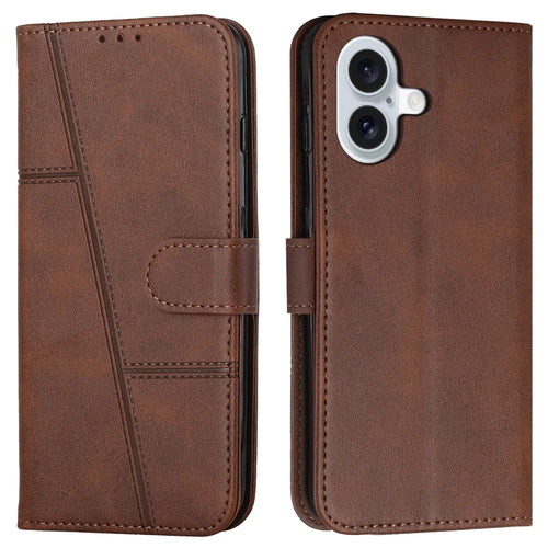 For iPhone 16 Plus Wallet Case Flip Book PU Leather Protective Phone Cover - Brown - 1