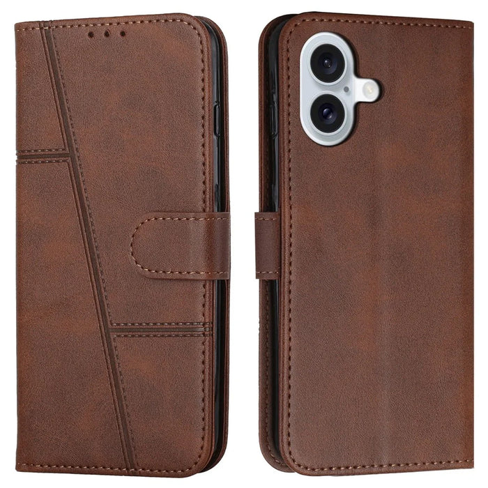 For iPhone 16 Plus Wallet Case Flip Book PU Leather Protective Phone Cover - Brown - 1