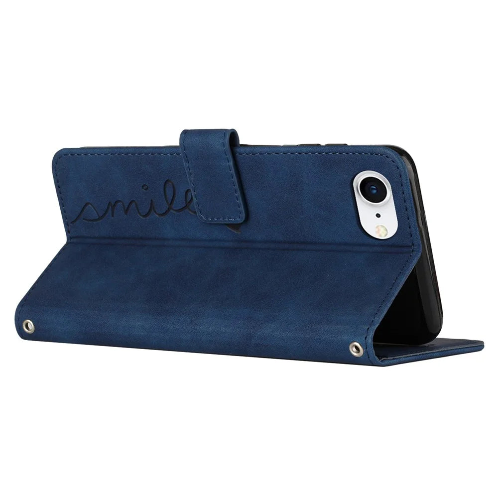 For iPhone 17e / 16e Case PU Leather Wallet Phone Cover Smile Love Heart Pattern - Sapphire - 3