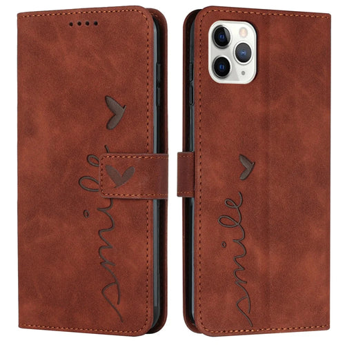 For iPhone 16 Pro Case Skin-Friendly Leather Phone Cover Imprinted Smile Love Heart - Brown - 1