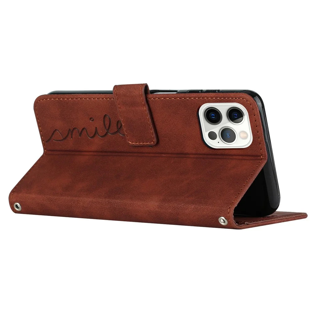 For iPhone 16 Pro Case Skin-Friendly Leather Phone Cover Imprinted Smile Love Heart - Brown - 3