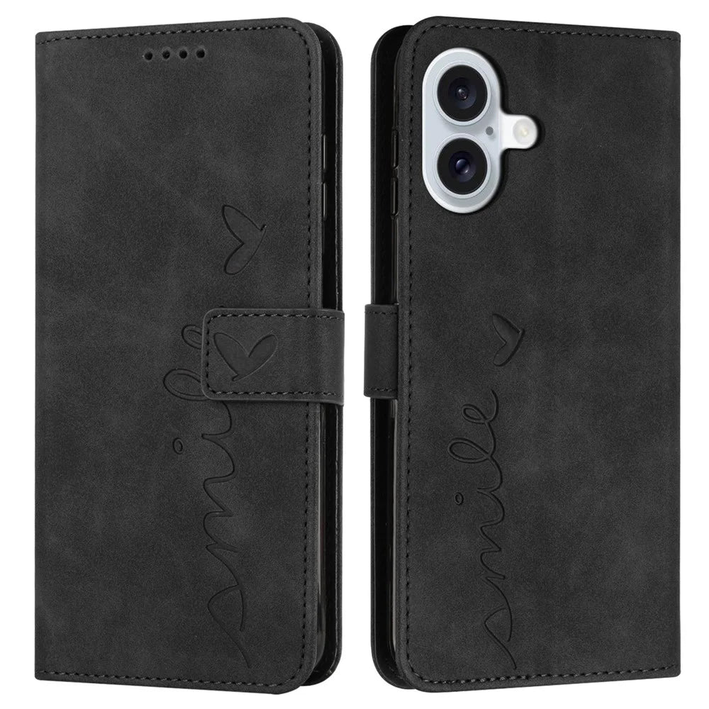 For iPhone 16 Plus Case Wallet Card Holder Leather Phone Cover Smile Love Heart - Green - Black - 1