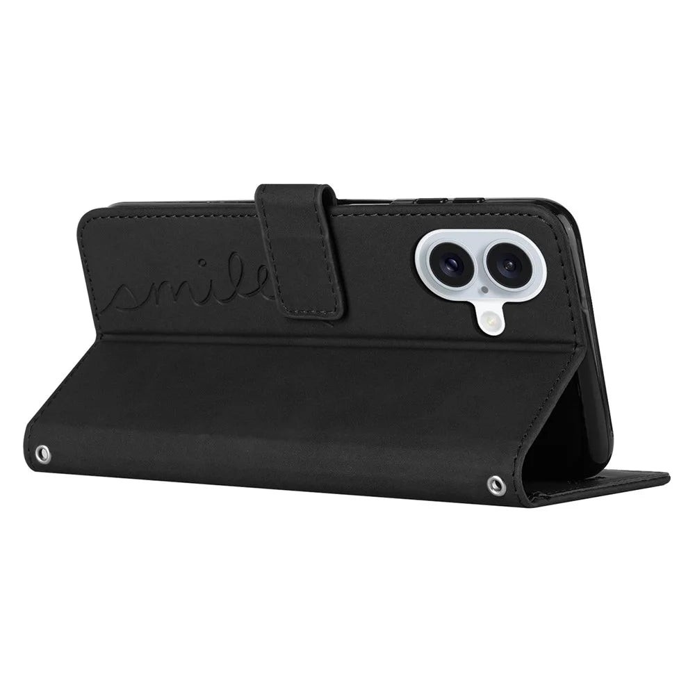 For iPhone 16 Plus Case Wallet Card Holder Leather Phone Cover Smile Love Heart - Green - Black - 3