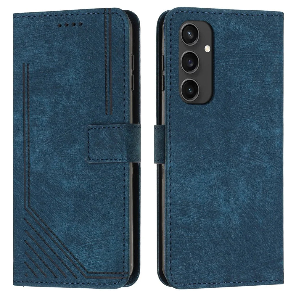 For Samsung Galaxy S24 FE Case Lines Pattern Full Protection Leather Flip Phone Cover - Sapphire - 1