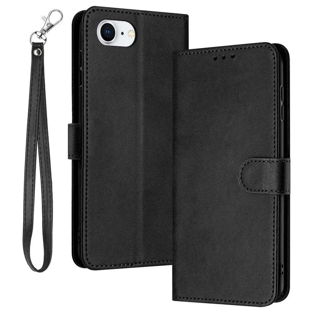For iPhone 17e / 16e Case Calf Texture Leather Wallet Shockproof Flip Cover with Hand Strap - Black - 1