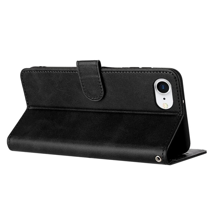 For iPhone 17e / 16e Case Calf Texture Leather Wallet Shockproof Flip Cover with Hand Strap - Black - 2