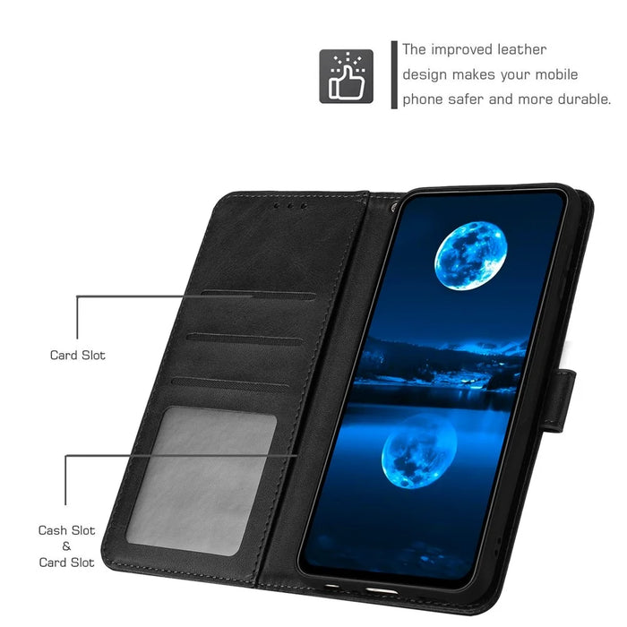 For iPhone 17e / 16e Case Calf Texture Leather Wallet Shockproof Flip Cover with Hand Strap - Black - 3