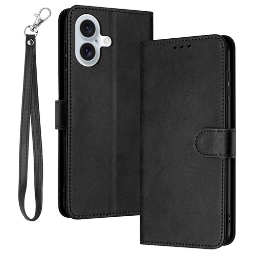 For iPhone 16 Wallet Case Calf Texture Leather Phone Cover Purse with Hand Strap - Black - 1