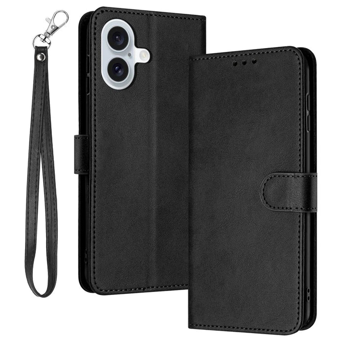 For iPhone 16 Wallet Case Calf Texture Leather Phone Cover Purse with Hand Strap - Black - 1