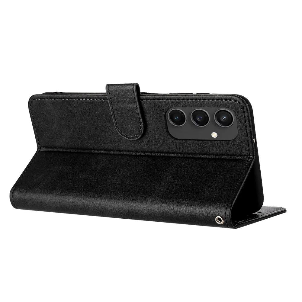 For Samsung Galaxy S24 FE Case PU Leather Purse Calf Texture Phone Cover with Hand Strap - Black - 2