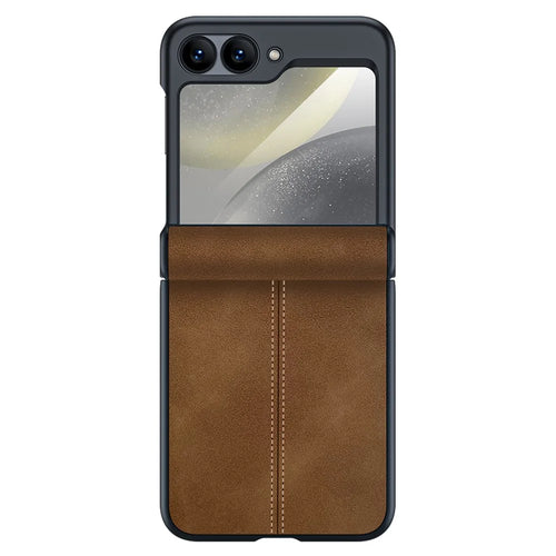 For Samsung Galaxy Z Flip7 FE 5G / Z Flip6 5G Case Hinge Leather+PC Phone Cover with Rear Screen Film - Brown - 1