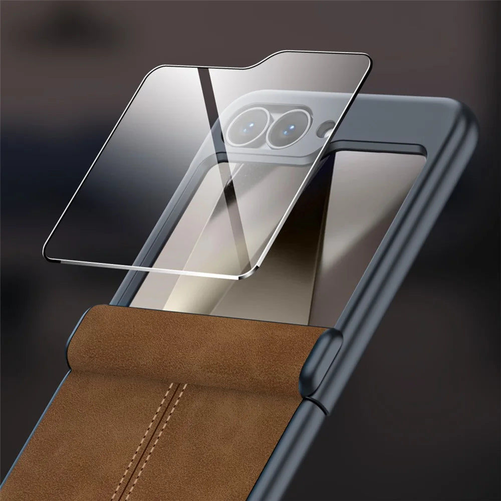 For Samsung Galaxy Z Flip7 FE 5G / Z Flip6 5G Case Hinge Leather+PC Phone Cover with Rear Screen Film - Brown - 2
