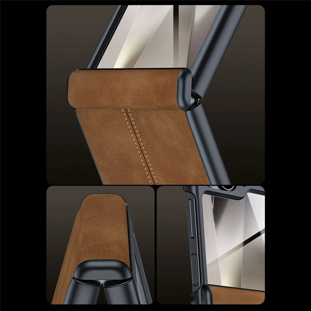 For Samsung Galaxy Z Flip7 FE 5G / Z Flip6 5G Case Hinge Leather+PC Phone Cover with Rear Screen Film - Brown - 3