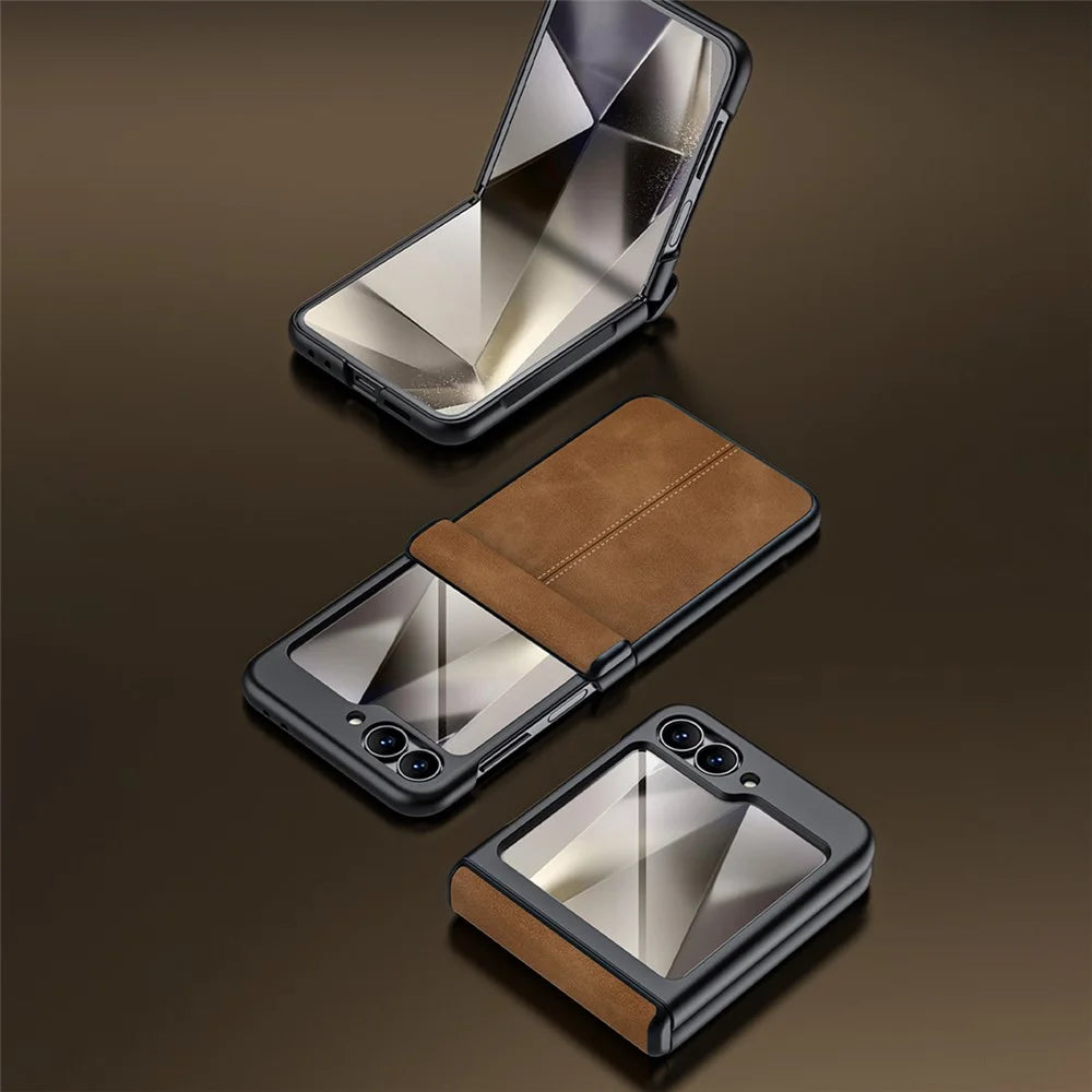 For Samsung Galaxy Z Flip7 FE 5G / Z Flip6 5G Case Hinge Leather+PC Phone Cover with Rear Screen Film - Brown - 4