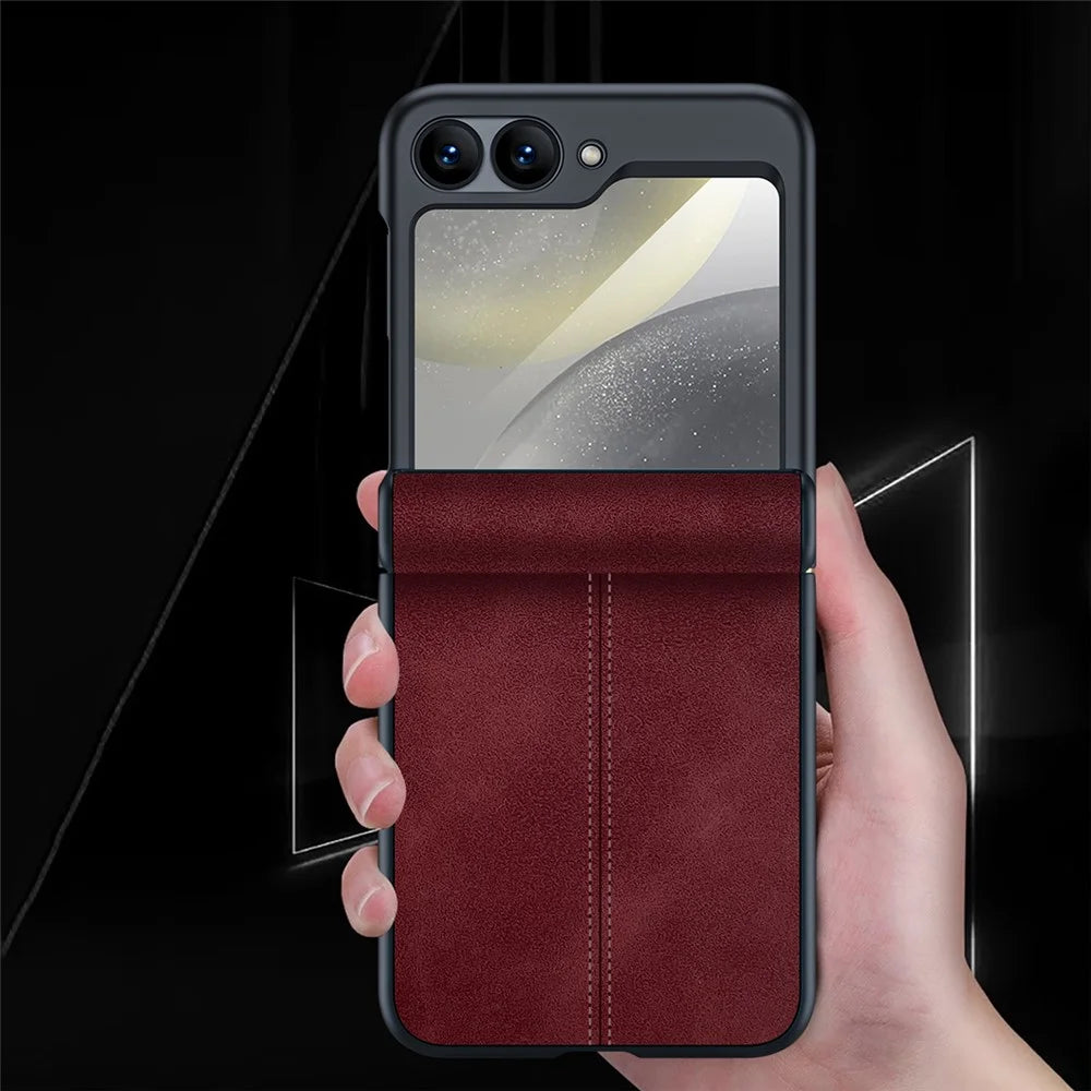 For Samsung Galaxy Z Flip7 FE 5G / Z Flip6 5G Case Hinge Leather+PC Phone Cover with Rear Screen Film - Brown - 5