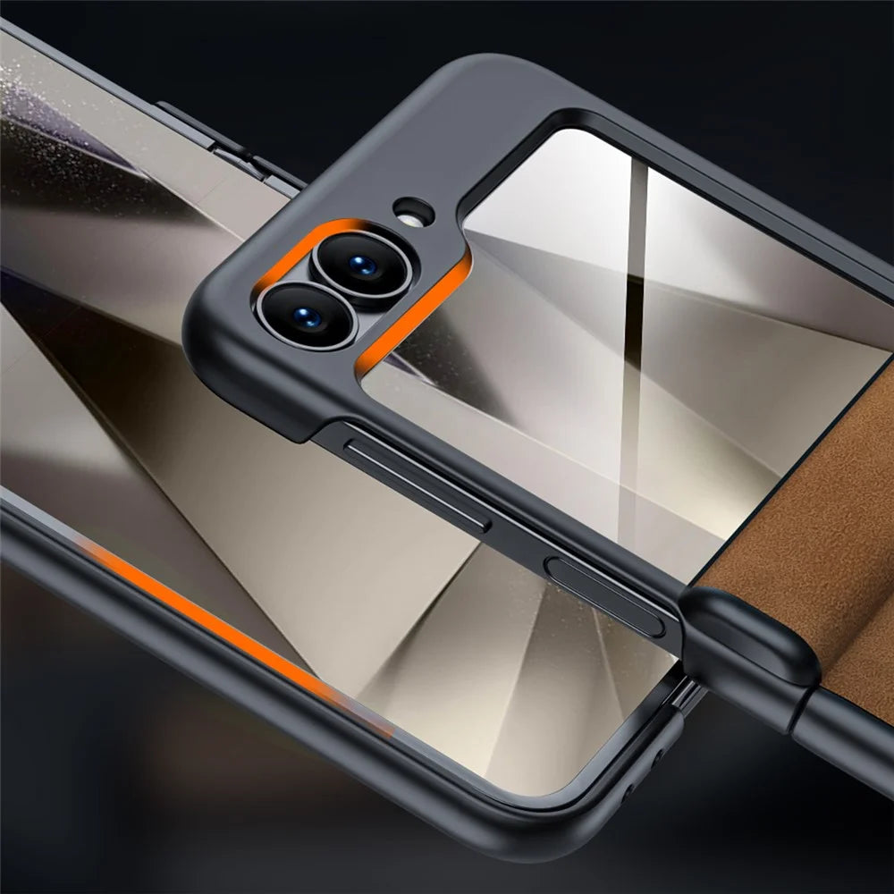 For Samsung Galaxy Z Flip7 FE 5G / Z Flip6 5G Case Hinge Leather+PC Phone Cover with Rear Screen Film - Brown - 6