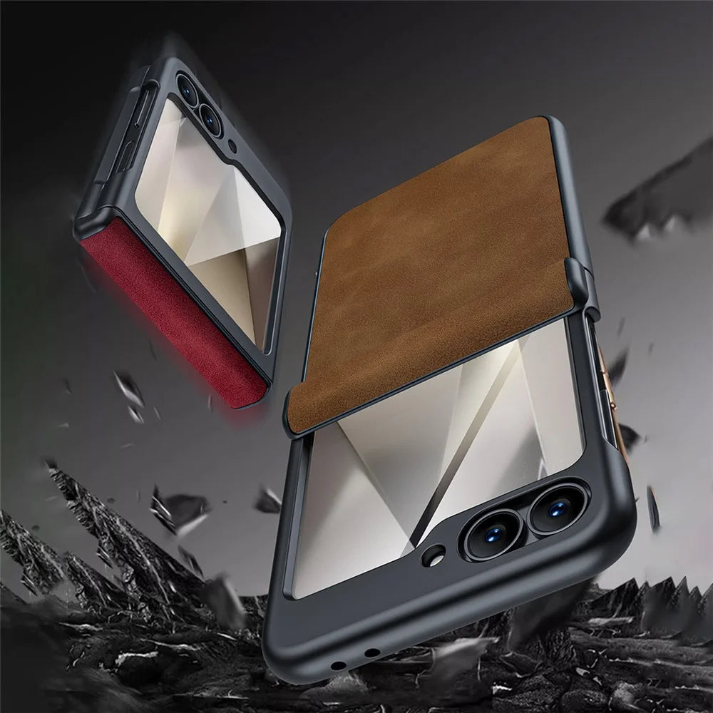 For Samsung Galaxy Z Flip7 FE 5G / Z Flip6 5G Case Hinge Leather+PC Phone Cover with Rear Screen Film - Brown - 7