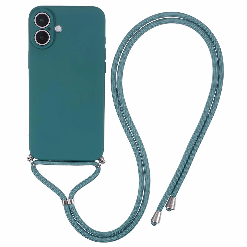 For iPhone 16 Case TPU Fiber Lining Scratch-Resistant Phone Cover with Necklace Cord Strap - Army Green - 1