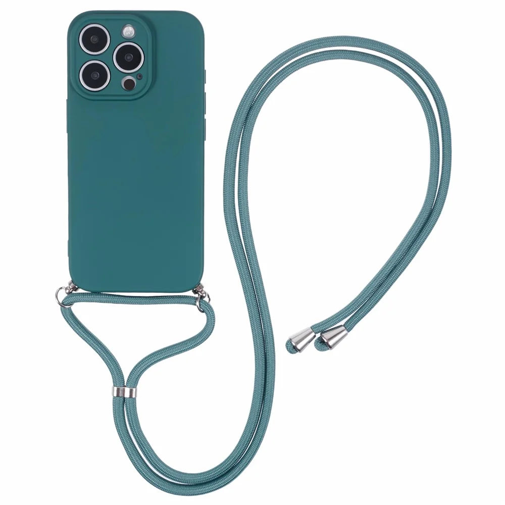 For iPhone 16 Pro Crossbody Case Flexible TPU Fiber Lining Anti-Shock Phone Cover - Army Green - 1