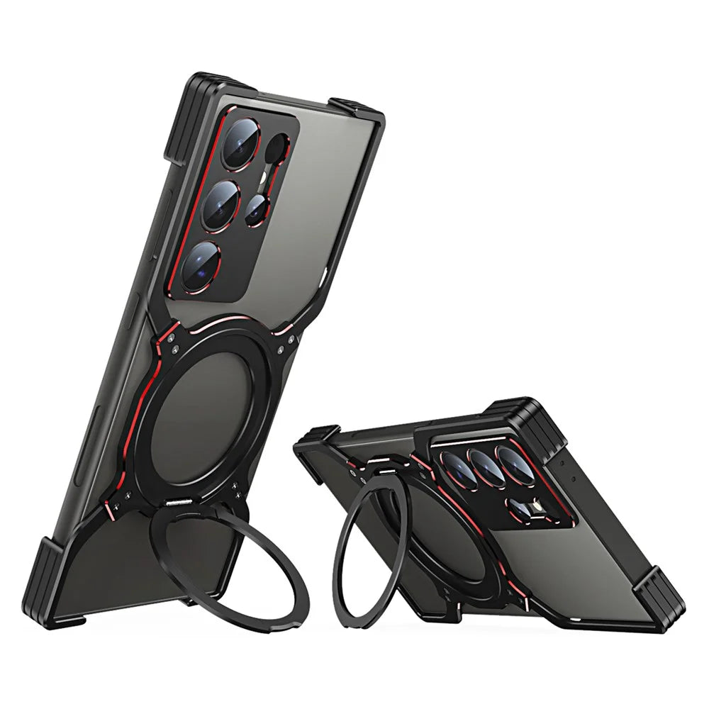 For Samsung Galaxy S24 Ultra Metal Bumper Case Magnetic Phone Cover with Kickstand - Black+Red - 1