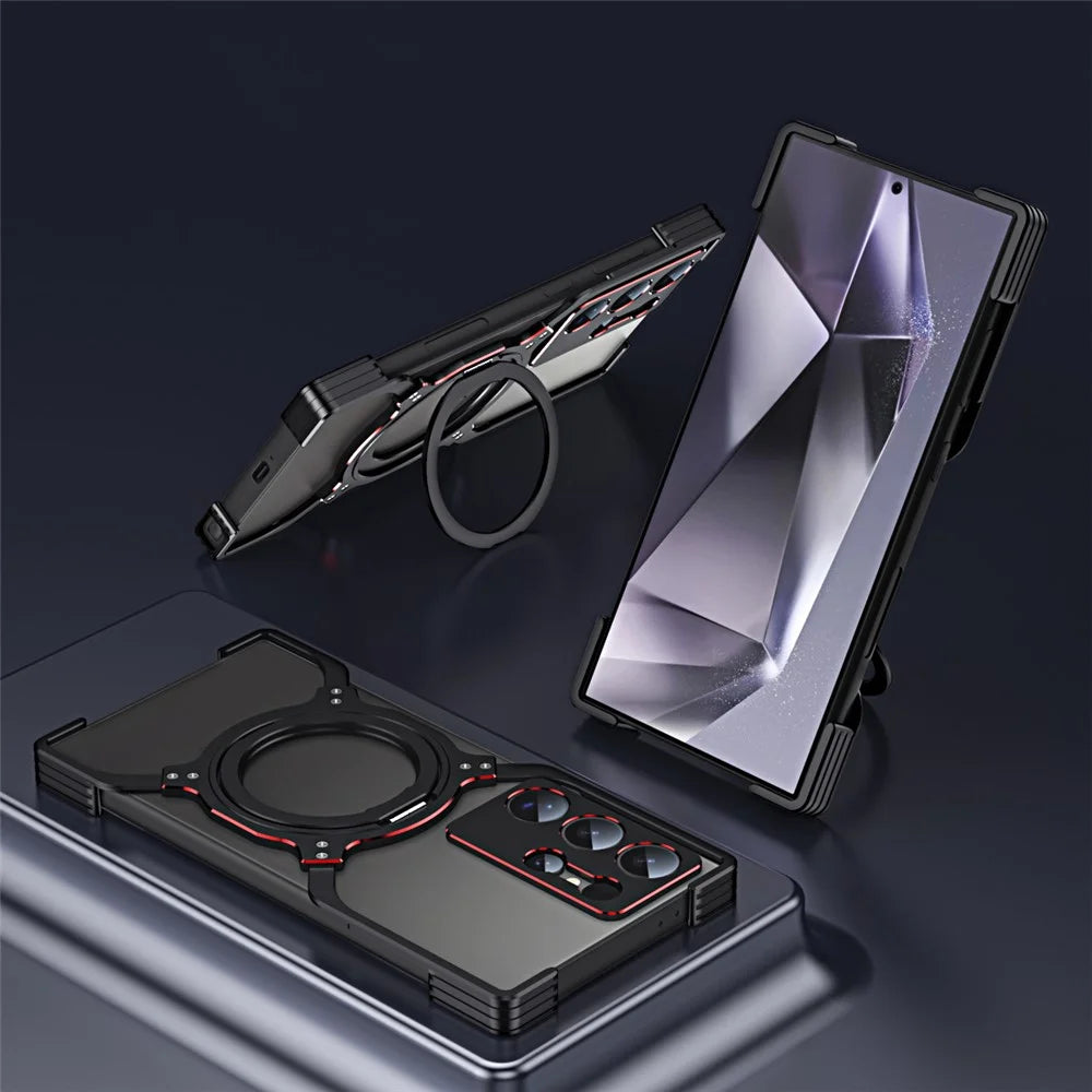 For Samsung Galaxy S24 Ultra Metal Bumper Case Magnetic Phone Cover with Kickstand - Black+Red - 3