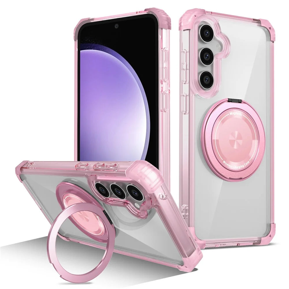 For Samsung Galaxy S23 FE Magnetic Case Invisible Ring Holder PC+TPU Phone Cover - Transparent Pink - 1