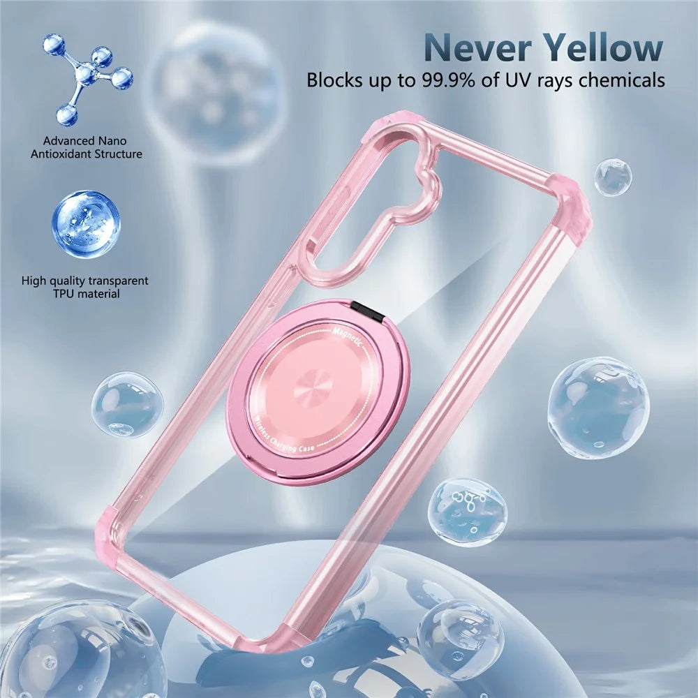 For Samsung Galaxy S23 FE Magnetic Case Invisible Ring Holder PC+TPU Phone Cover - Transparent Pink - 3