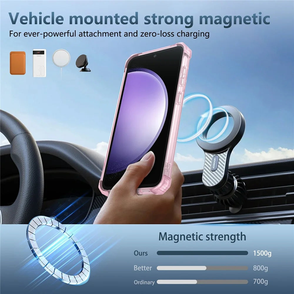 For Samsung Galaxy S23 FE Magnetic Case Invisible Ring Holder PC+TPU Phone Cover - Transparent Pink - 7