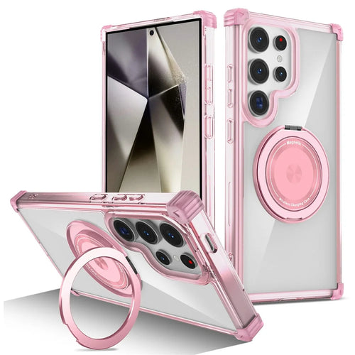 For Samsung Galaxy S24 Ultra Magnetic Case PC+TPU Phone Cover Rotatable Kickstand - Transparent Pink - 1