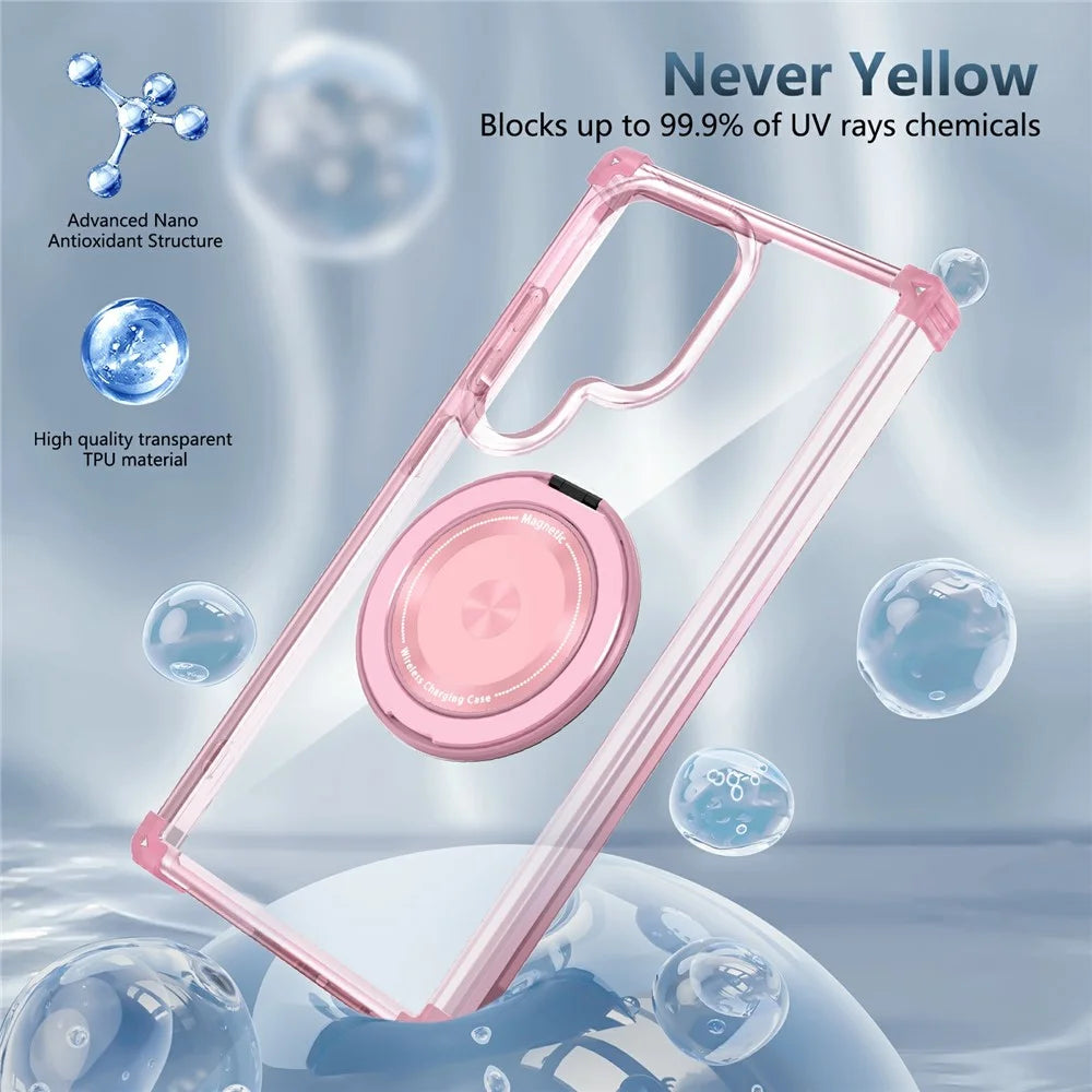 For Samsung Galaxy S24 Ultra Magnetic Case PC+TPU Phone Cover Rotatable Kickstand - Transparent Pink - 3