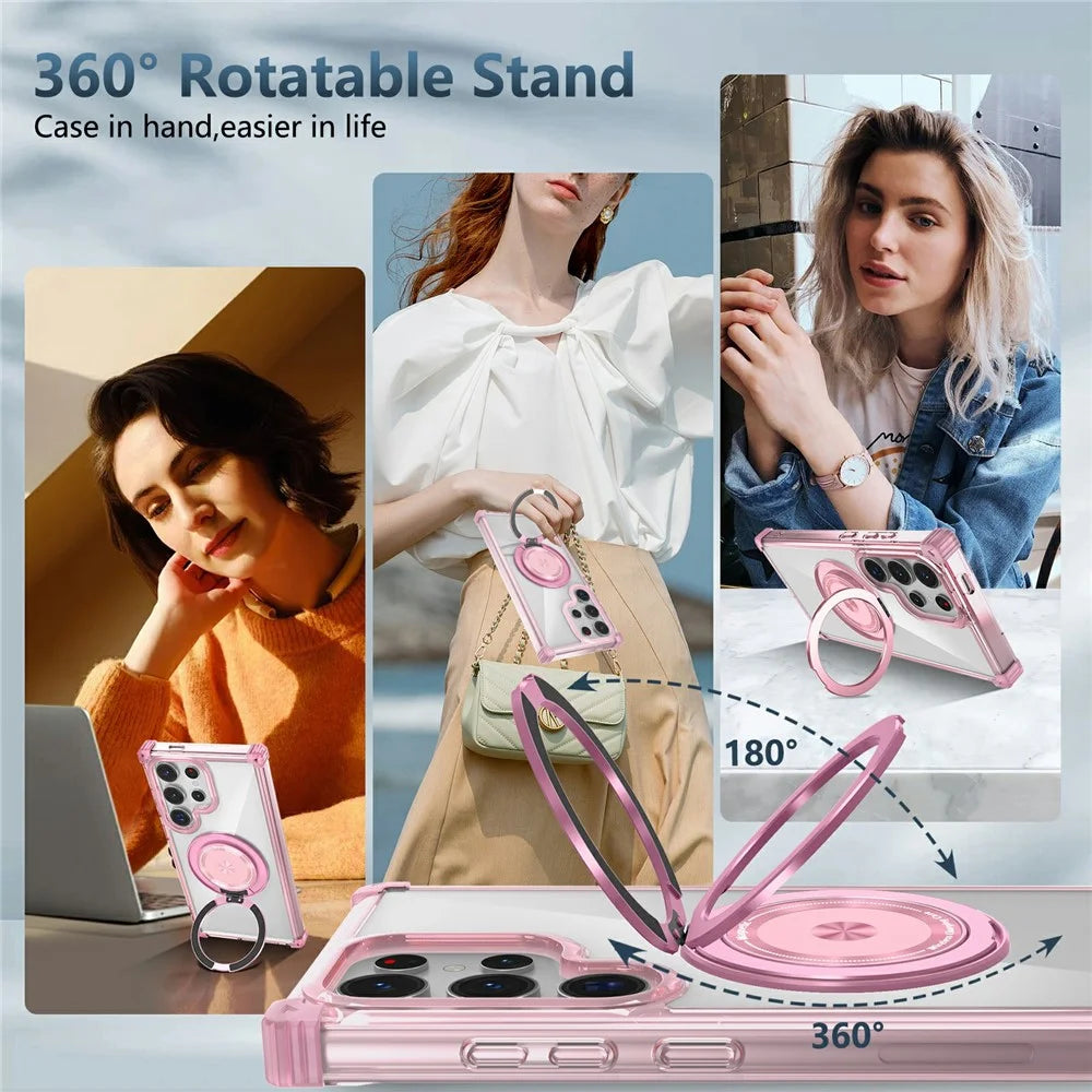 For Samsung Galaxy S24 Ultra Magnetic Case PC+TPU Phone Cover Rotatable Kickstand - Transparent Pink - 4