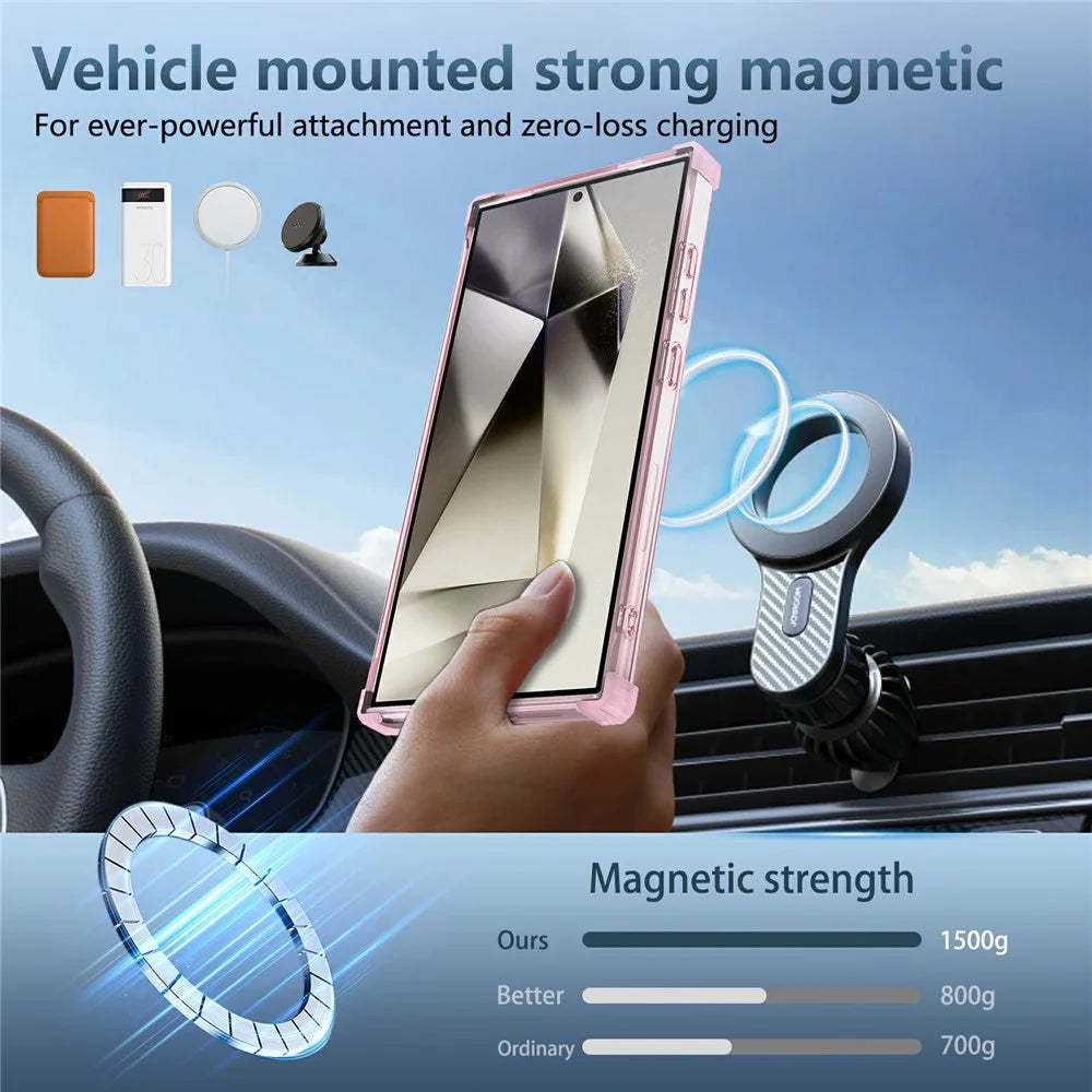 For Samsung Galaxy S24 Ultra Magnetic Case PC+TPU Phone Cover Rotatable Kickstand - Transparent Pink - 7