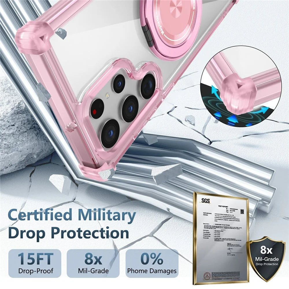 For Samsung Galaxy S22 Ultra 5G Case Rotatable Magnetic Kickstand PC+TPU Phone Cover - Transparent Pink - 2