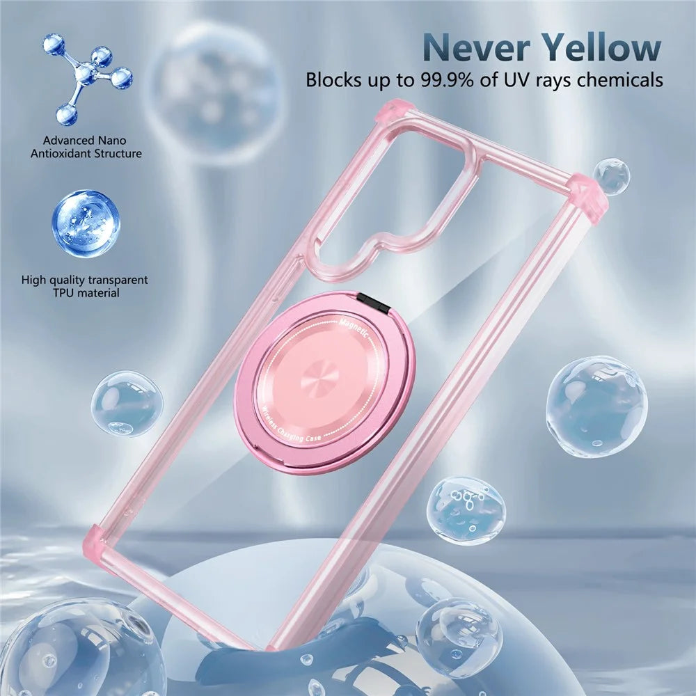 For Samsung Galaxy S22 Ultra 5G Case Rotatable Magnetic Kickstand PC+TPU Phone Cover - Transparent Pink - 3
