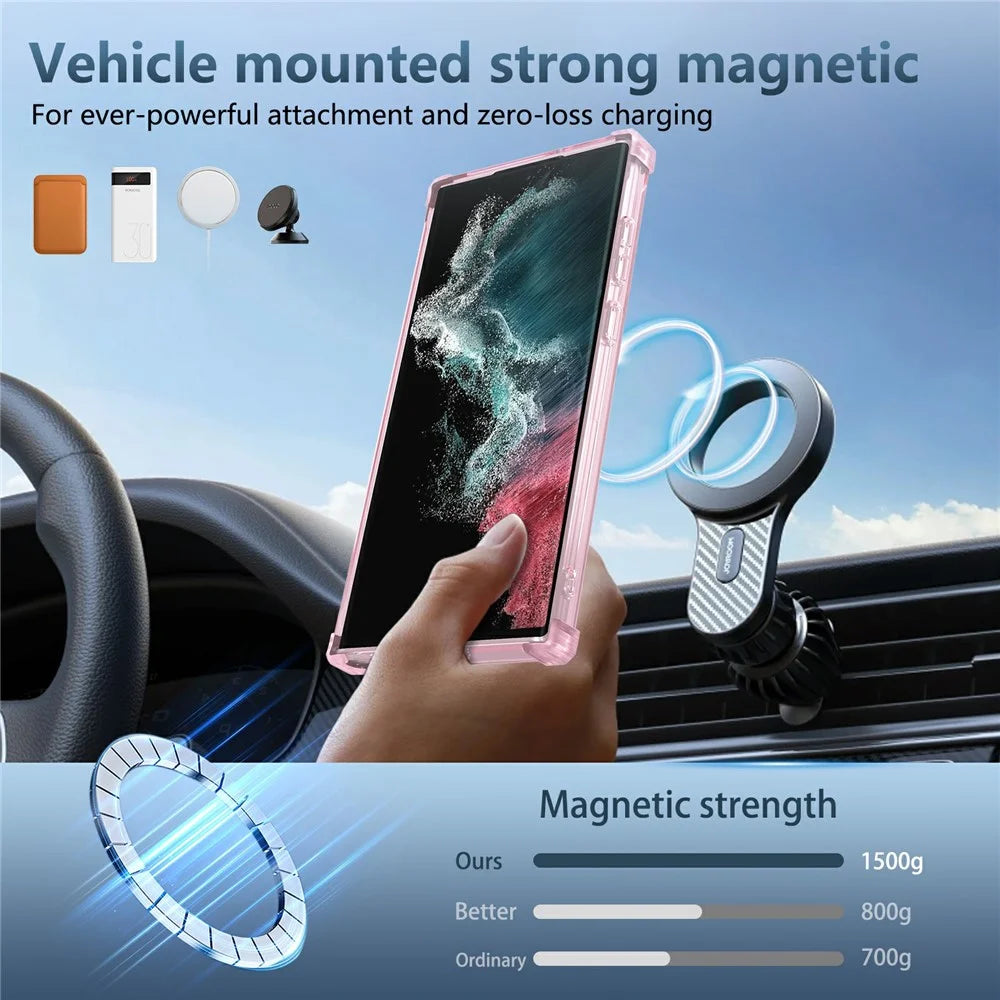 For Samsung Galaxy S22 Ultra 5G Case Rotatable Magnetic Kickstand PC+TPU Phone Cover - Transparent Pink - 7