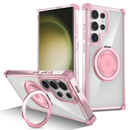 For Samsung Galaxy S23 Ultra Case PC+TPU Magnetic Phone Cover Rotation Kickstand Ring Holder - Transparent Pink - 1